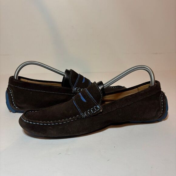 Ecco Mens Sz 42 8.5 M Dynamic Suede Penny Loafer Driving Moc Brown Blue Slip On - Picture 3 of 10